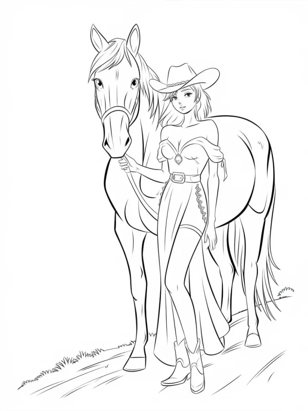 Cowgirl standing with a horse, cartoon illustration style — free printable western style coloring book page