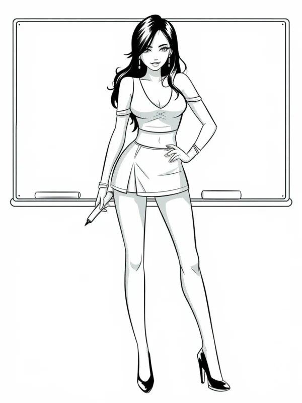 Stylish female teacher standing in front of whiteboard, anime style — free printable teacher coloring book page