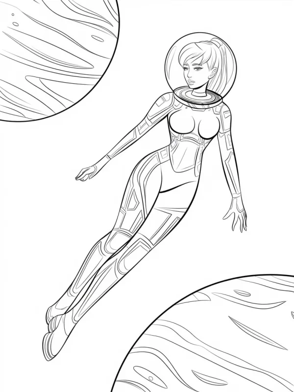 Female astronaut floating in space, cartoon sci-fi style — free printable astronaut coloring book page