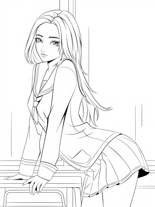 Anime school girl in sailor uniform leaning on desk, japanese anime style — free printable campus coloring book page