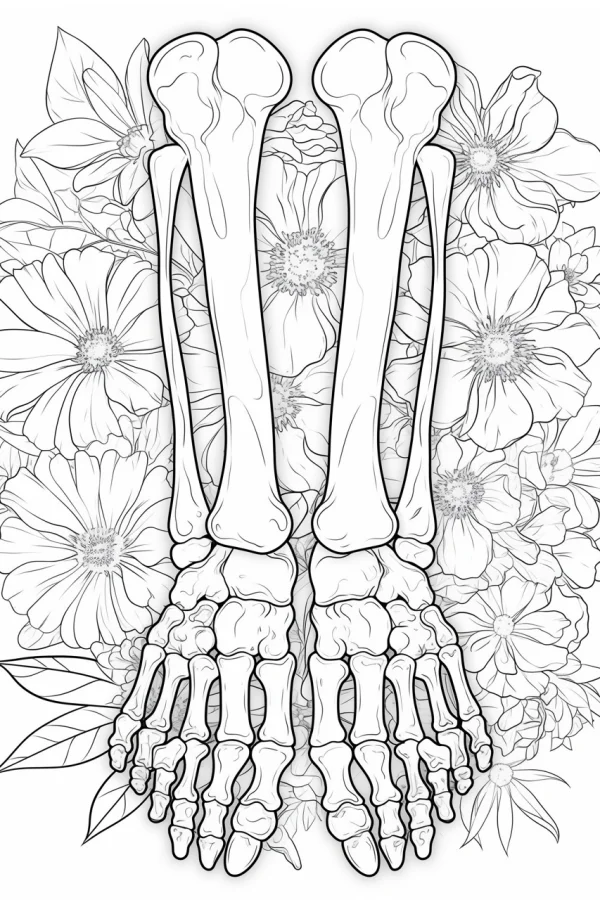 Human foot bones surrounded by large detailed flowers and leaves, realistic sketch style — free printable human skeleton coloring book page