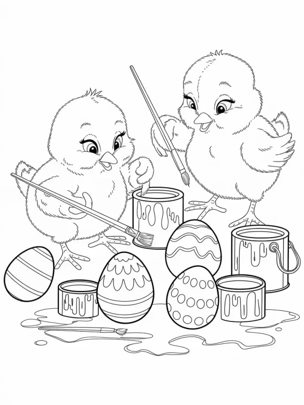 Two cute little chicks painting easter eggs, cartoon style — free printable handmade diy coloring book page