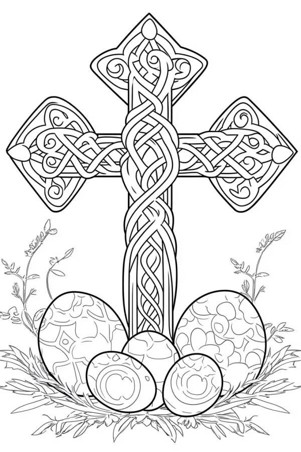 Celtic cross with easter eggs, intricate celtic knot patterns — free printable celtic culture coloring book page