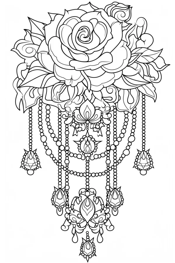 Rose with dangling jewelry and pearl chains, decorative art style — free printable accessories coloring book page