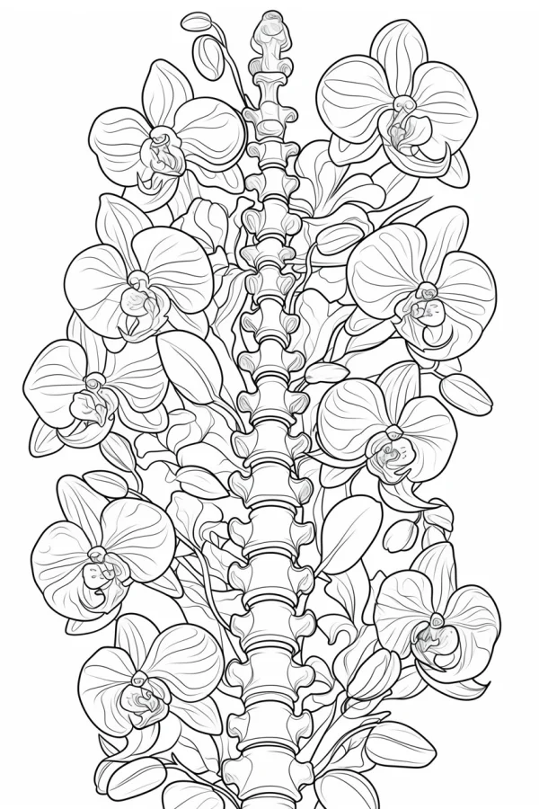 Spinal column wrapped in phalaenopsis orchids, realistic line art style — free printable human skeleton coloring book page