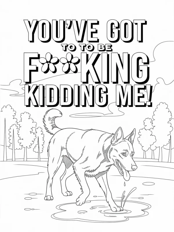 Annoyed dog stepping in puddle, cartoon style — free printable daily coloring book page