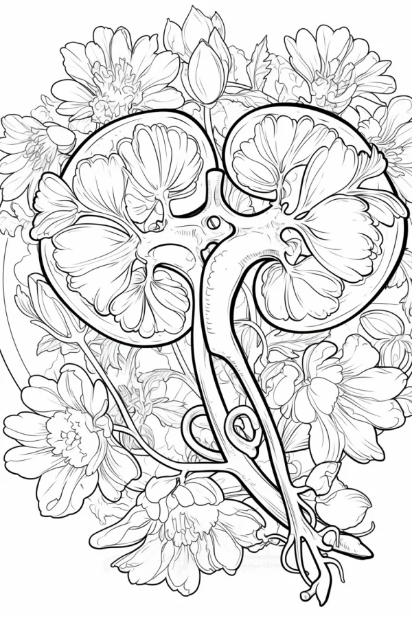 Kidneys surrounded by various flowers, line art style — free printable creative art coloring book page