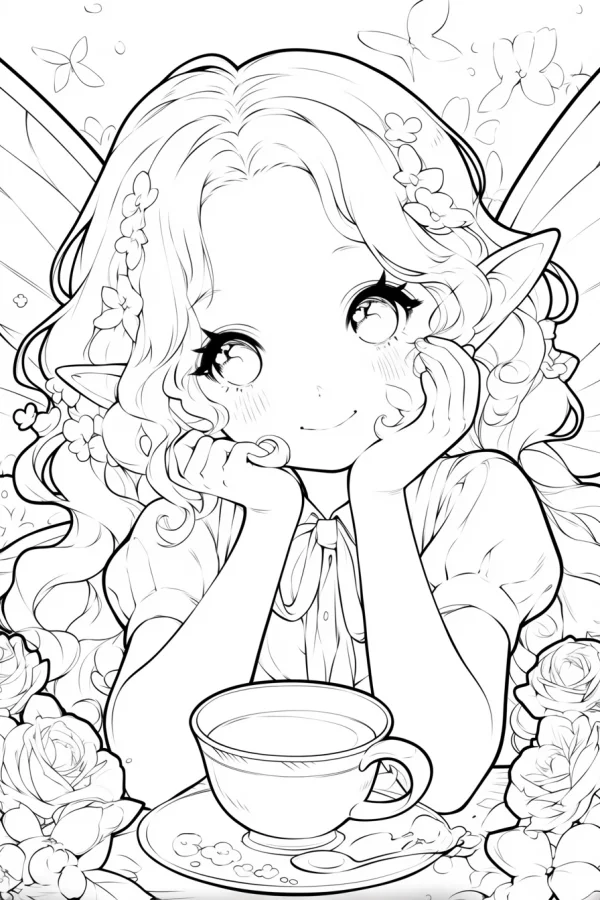 Cute elf girl resting her cheeks on hands, with a teacup on the table — free printable afternoon tea coloring book page
