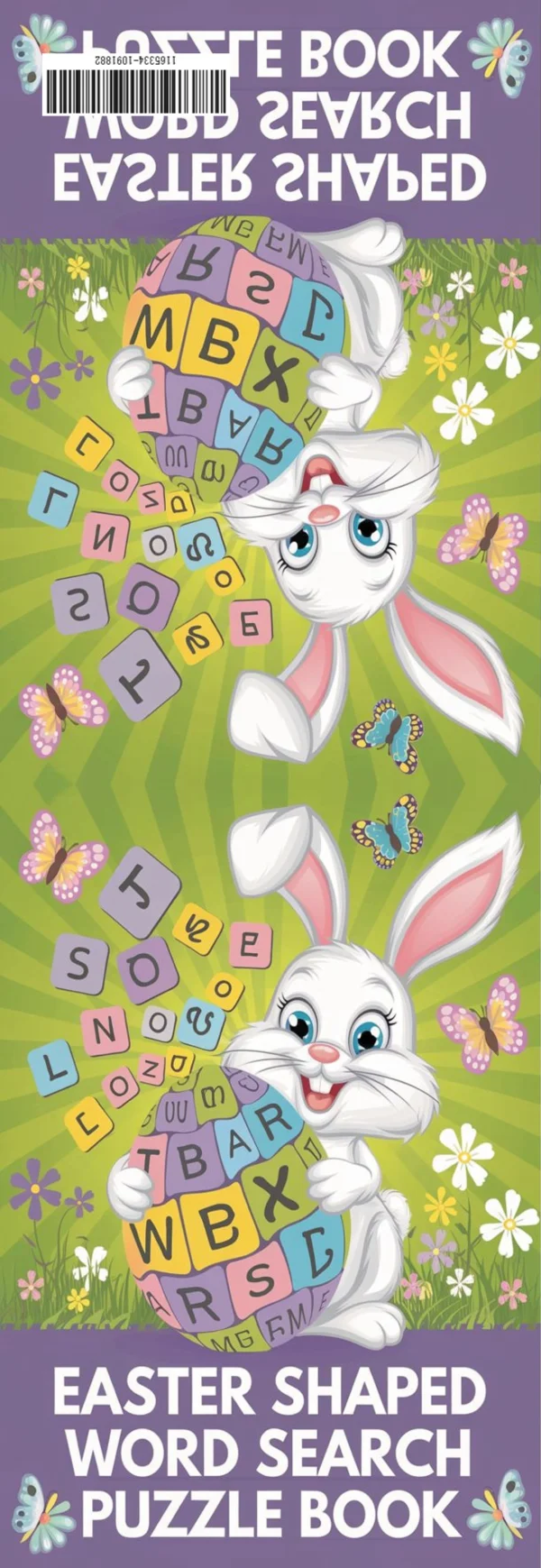 Puzzle book cover, easter white bunnies holding alphabet-decorated eggs — free printable puzzles coloring book page