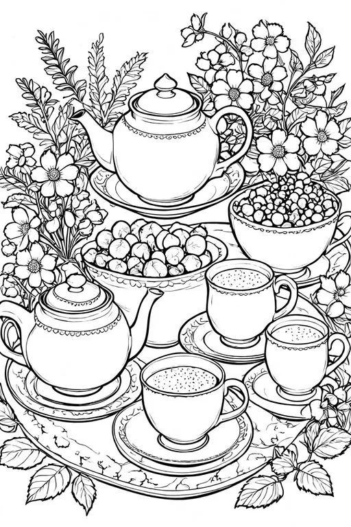 Afternoon tea set with teapots, cups — free printable afternoon tea coloring book page