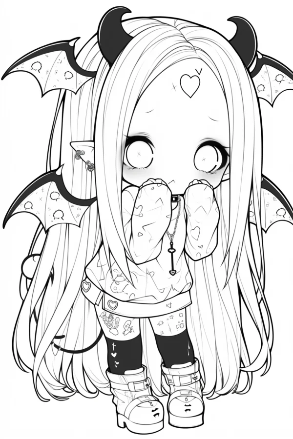 Cute chibi demon girl with black horns and bat wings, cartoon kawaii style — free printable cute style coloring book page