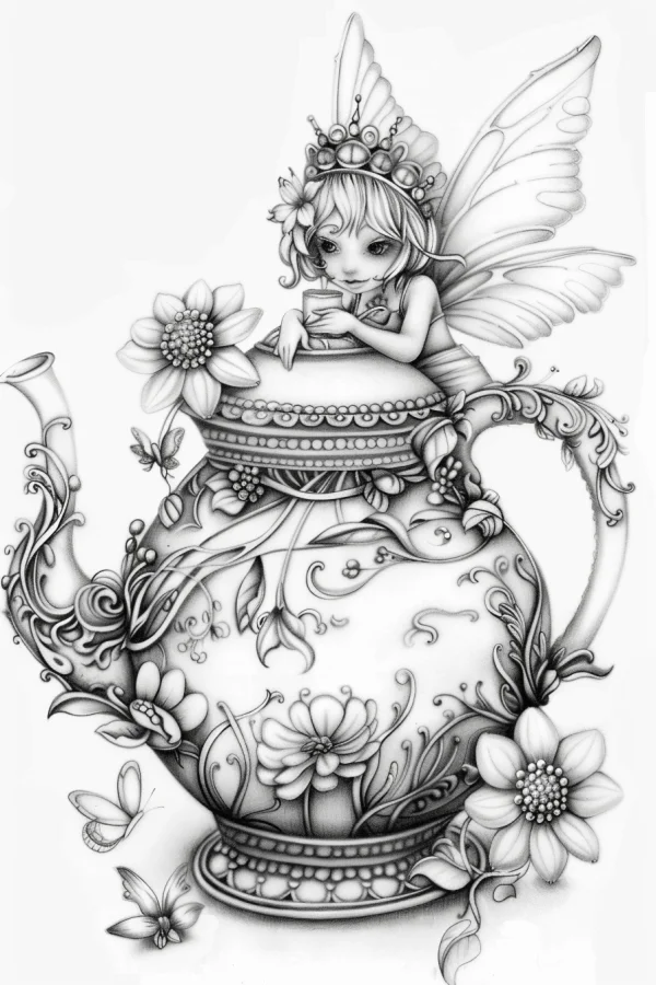 Fairy inside an ornate teapot, fairytale style — free printable items coloring book page