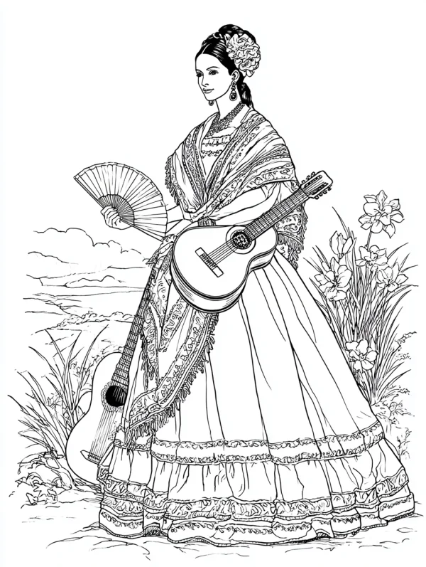 Latin american woman in traditional dress holding a guitar and a fan, realistic illustration style — free printable latin american culture coloring book page
