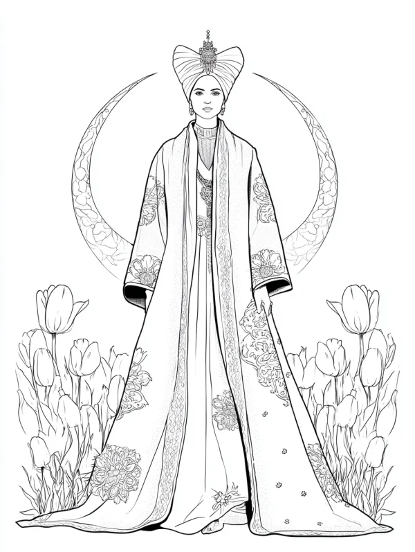 Woman in traditional middle eastern attire with ornate headwear, middle eastern cultural style — free printable middle eastern culture coloring book page