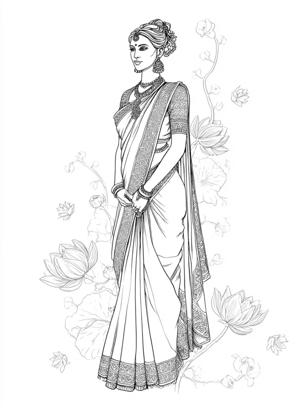Indian woman in traditional sari, indian cultural style — free printable india coloring book page