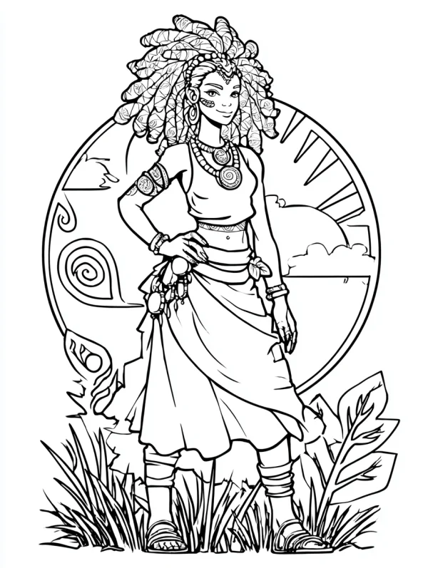 Indigenous style woman, tribal art style — free printable indigenous culture coloring book page