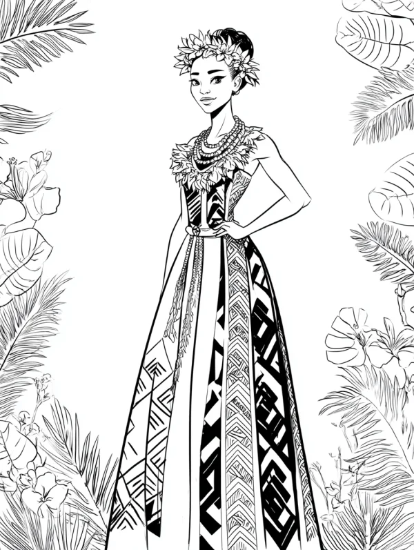 Polynesian-style woman wearing traditional patterned long dress and flower crown, with beaded necklace and floral neck decoration — free printable polynesian culture coloring book page