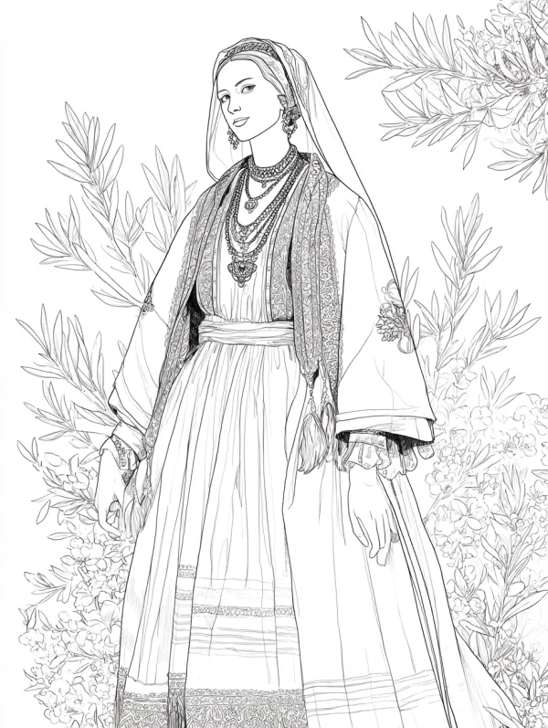 Woman in european traditional ethnic costume, realistic line art style — free printable euro-american culture coloring book page