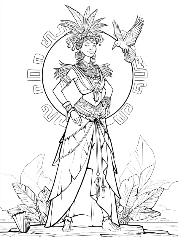 Indigenous style woman with feather headdress, surrounded by tropical plants and a flying bird — free printable indigenous culture coloring book page