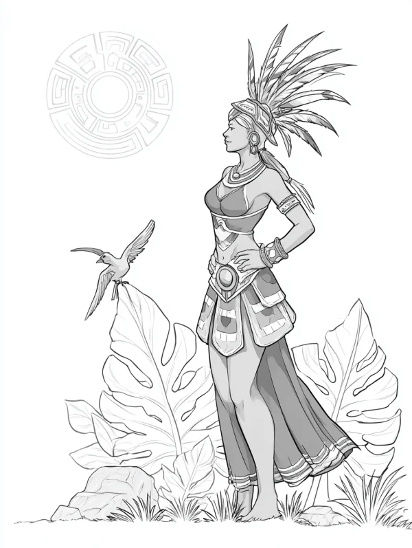 Mayan-style indigenous woman with feather headdress and tribal jewelry, realistic  accompanied by a hummingbird — free printable maya coloring book page