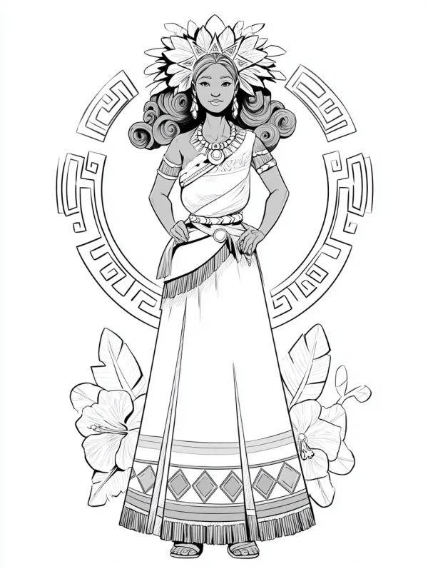 Latin american traditional dressed woman with feather headdress, ethnic latin american style — free printable latin american culture coloring book page