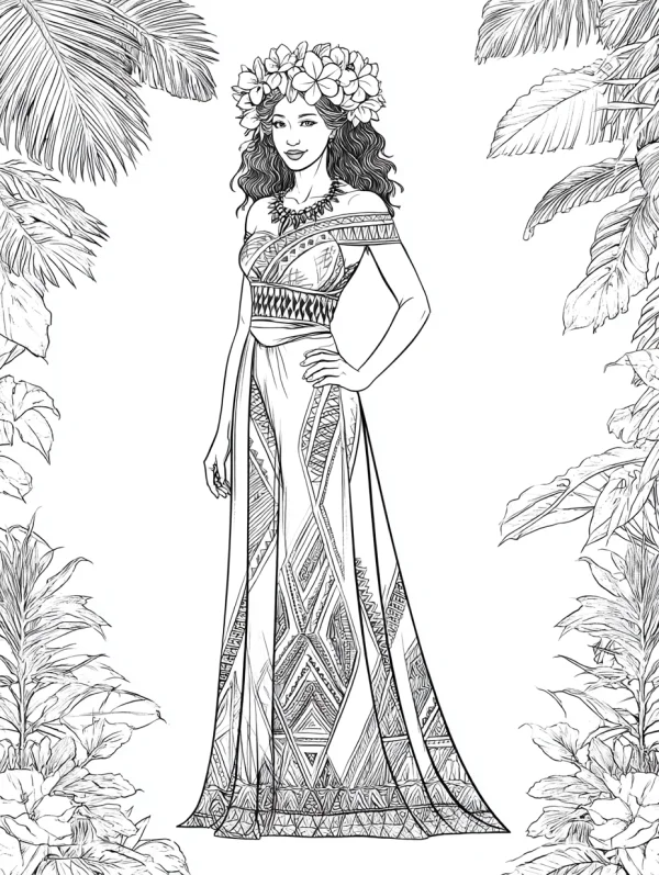 Polynesian style woman with flower wreath on head, wearing traditional patterned off-shoulder dress and necklace — free printable tropical nature coloring book page