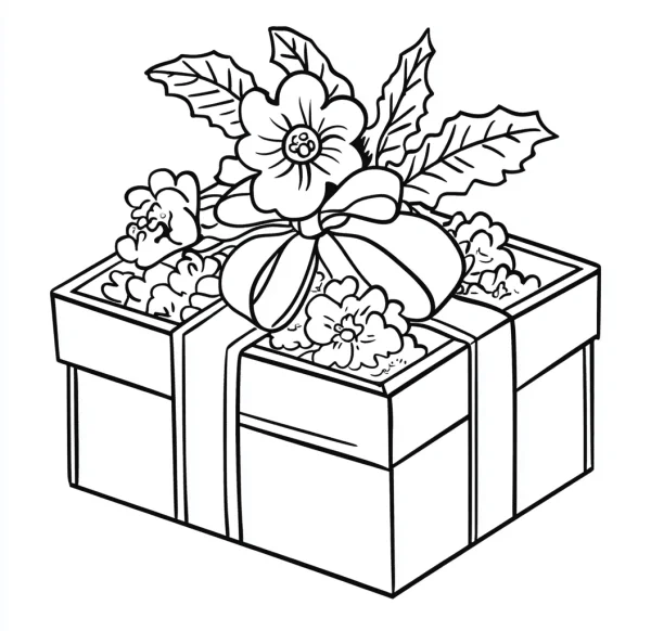 Gift box decorated with flowers, holly leaves and a bow — free printable gift coloring book page