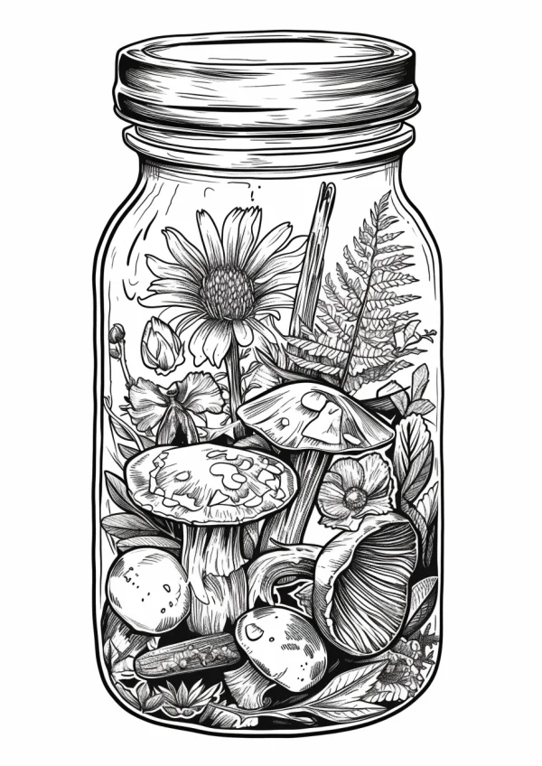 Glass jar filled with plants and mushrooms, realistic line art style — free printable miniature landscape coloring book page