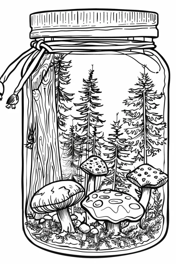 Miniature forest with various mushrooms inside a glass jar, line art illustration — free printable miniature world coloring book page