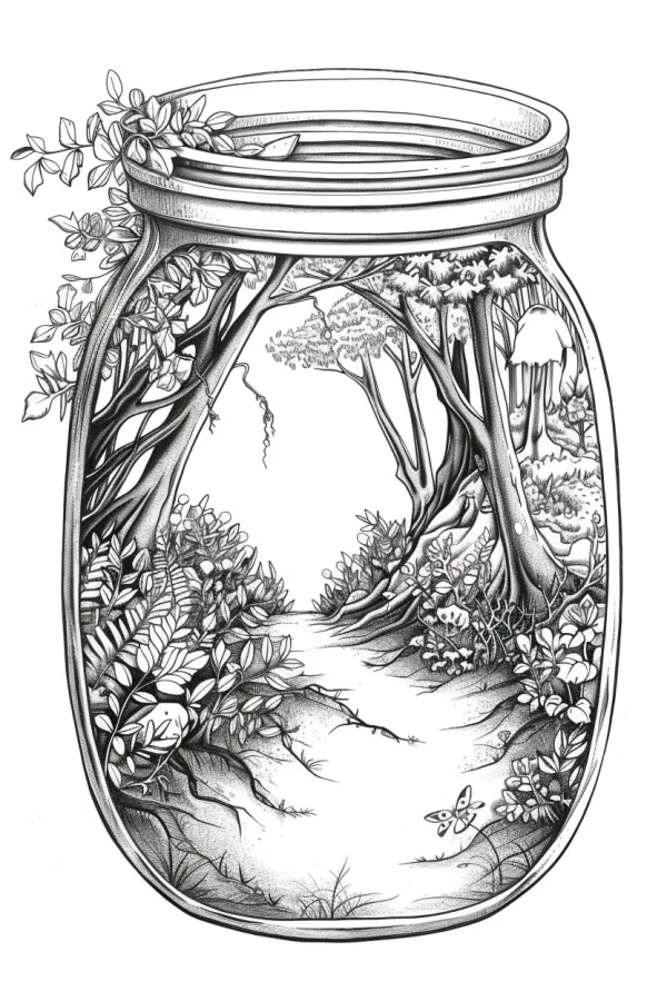 Forest landscape inside a mason jar, realistic line art illustration — free printable miniature landscape coloring book page