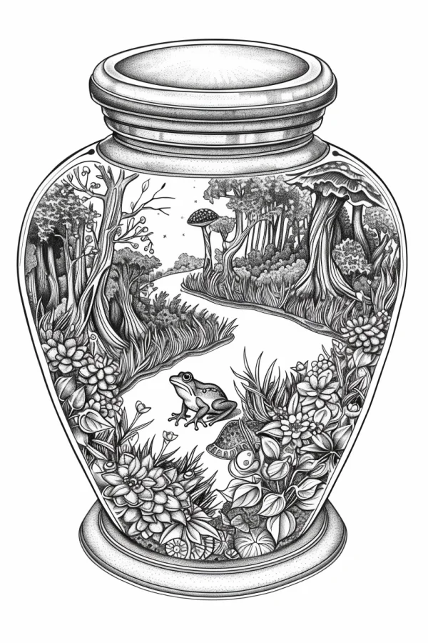 Glass jar with miniature forest and frog inside, realistic line art style — free printable miniature scenes coloring book page