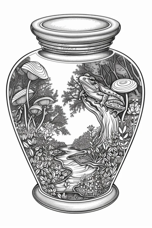 Frog in glass jar with forest micro landscape, sketch style — free printable miniature landscape coloring book page
