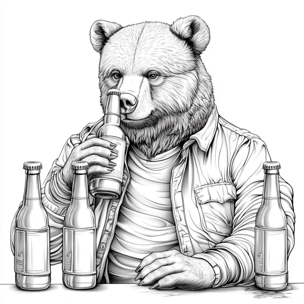 Anthropomorphic brown bear wearing a long-sleeve shirt and t-shirt, holding a beer bottle — free printable mammals coloring book page