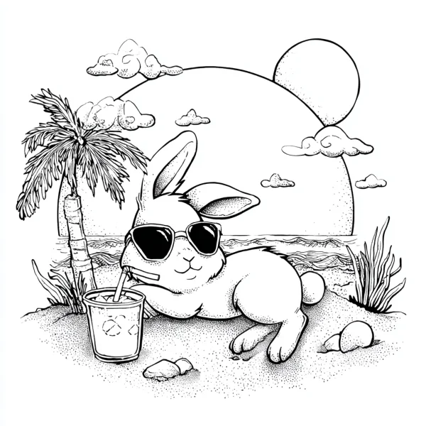Cool bunny with sunglasses drinking iced drink, cartoon style — free printable vacation coloring book page