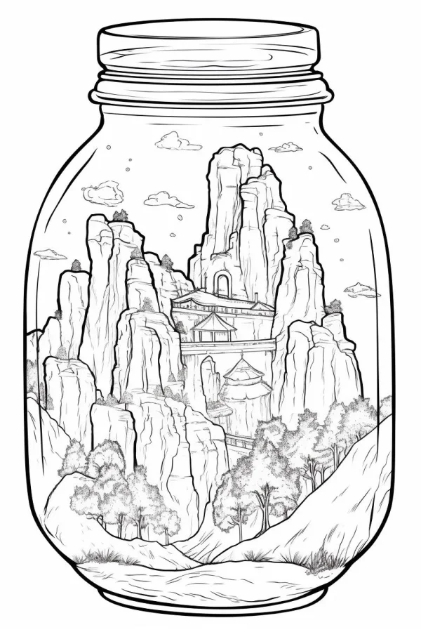 Miniature landscape with ancient buildings in a glass jar, realistic line art style — free printable ancient architecture coloring book page