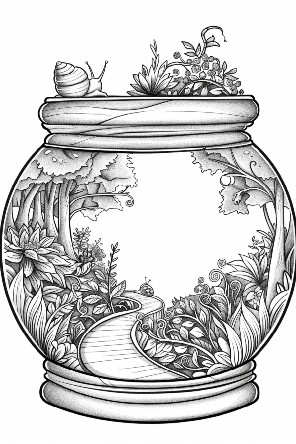 Terrarium jar with forest path, cartoon style — free printable miniature landscape coloring book page