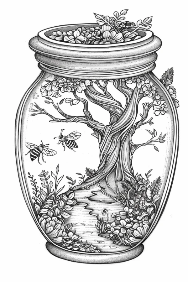 Miniature natural landscape inside a glass jar, featuring twisted tree — free printable miniature landscape coloring book page