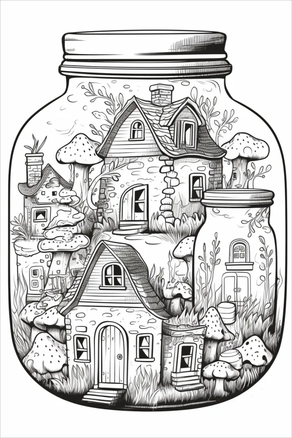 Miniature fairy tale house community inside a glass jar, fairy tale style — free printable miniature scenes coloring book page