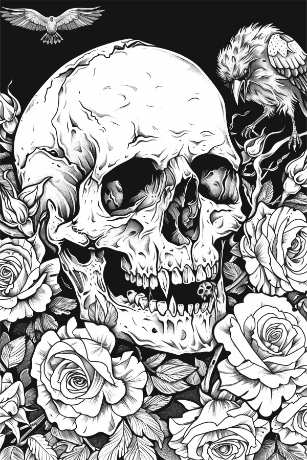 Gothic horror skull surrounded by detailed roses, with a crow and a dove above — free printable goth culture coloring book page