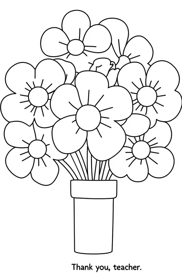 Bouquet of flowers in a vase, cartoon style — free printable gratitude coloring book page