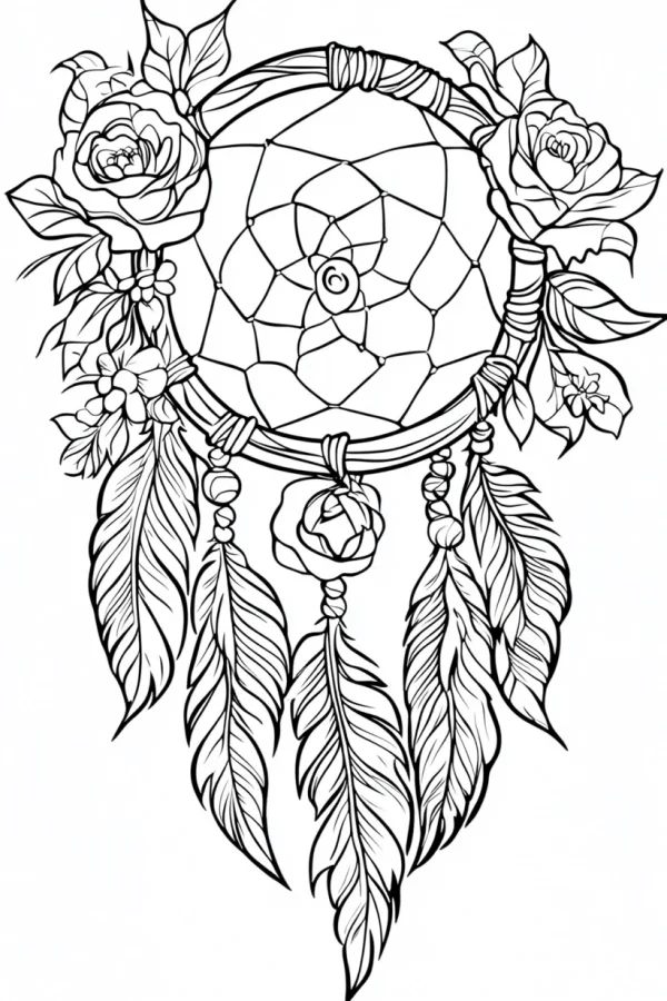 Dreamcatcher decorated with roses, feathers and small flowers — free printable indigenous culture coloring book page