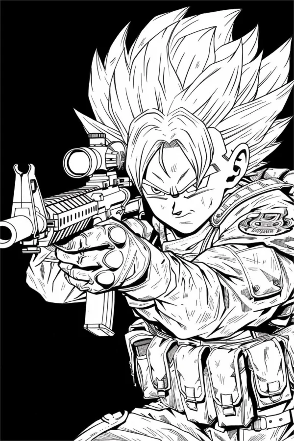 Super saiyan warrior holding assault rifle, anime style — free printable military coloring book page