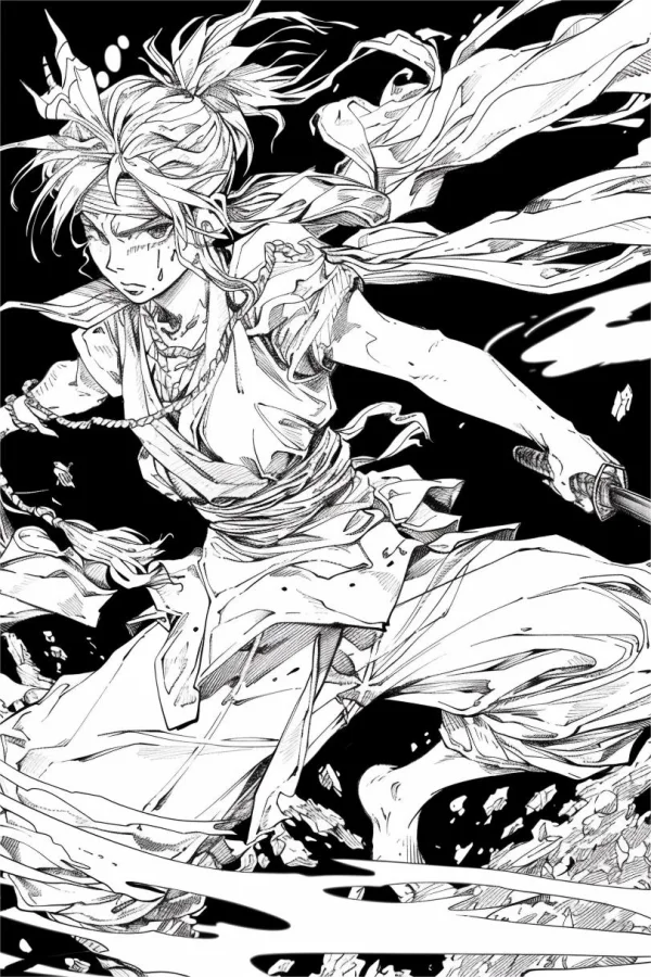 Injured japanese samurai in dynamic battle pose, anime and japanese style — free printable combat coloring book page