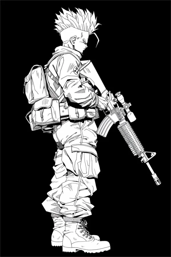 Anime military warrior holding a rifle, anime style — free printable military coloring book page