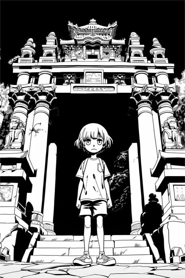 Short-haired child standing in front of ancient chinese archway, cartoon anime style — free printable ancient architecture coloring book page