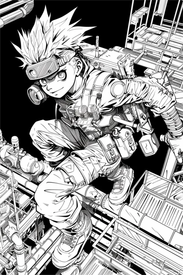Sci-fi adventure boy with spiky hair and goggles, anime sci-fi style — free printable future coloring book page