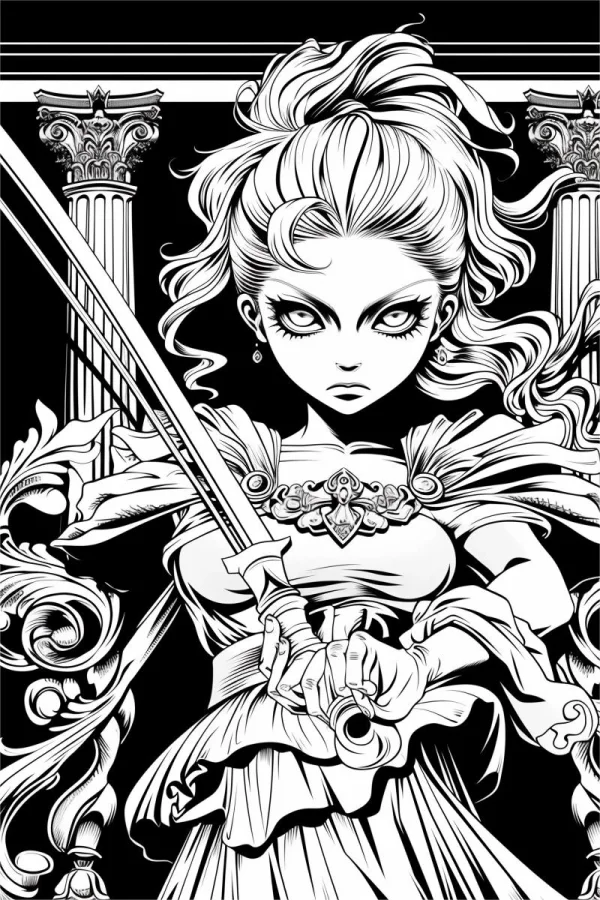 Sword-wielding classical maiden, anime and european classical style — free printable classical coloring book page