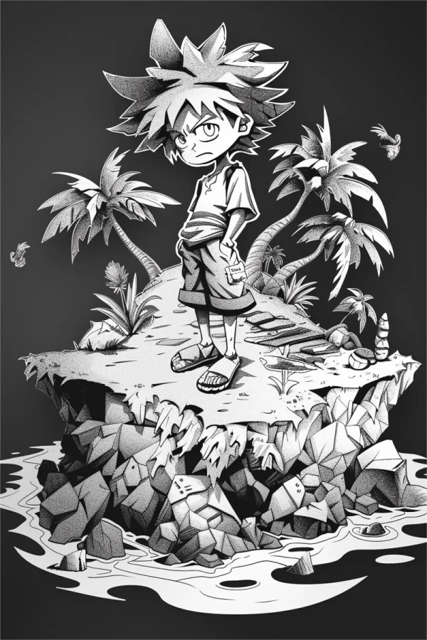 Anime boy standing on a rocky tropical island, cartoon anime style — free printable island coloring book page