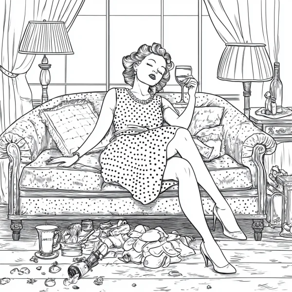 Stylish woman relaxing on sofa holding wine glass, retro realistic illustration style — free printable home leisure coloring book page