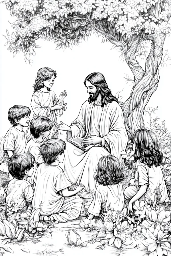 Jesus teaching children under a flowering tree, realistic sketch style — free printable education coloring book page